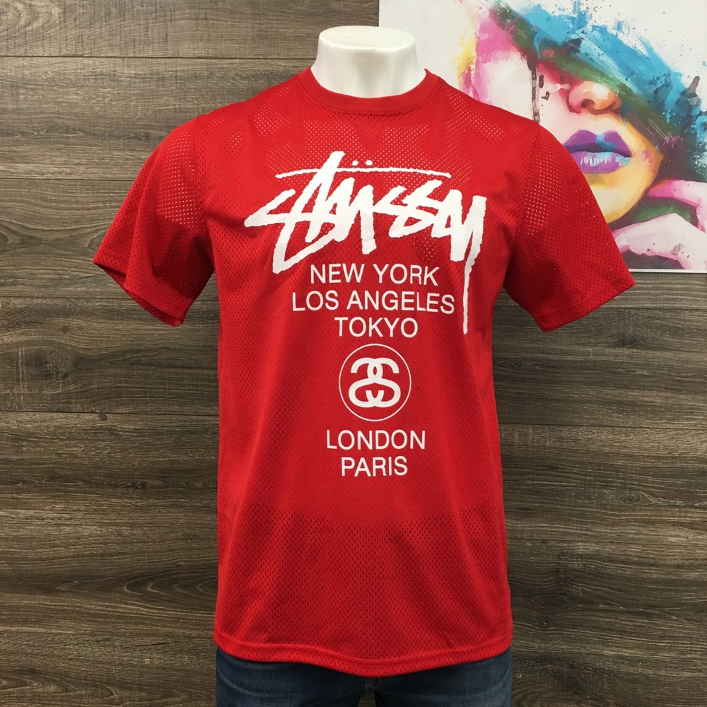 Stussy Red Mesh T-Shirt Large New York Los Angeles Tokyo London Paris‎